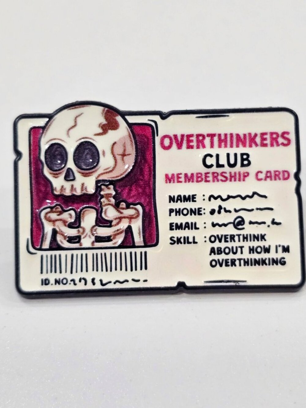 Artisan Overthinkers Club Membership Card Enamel Pin Skeleton ID Badge Tag Sz OS